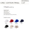 5 panel cotton twill baseball cap